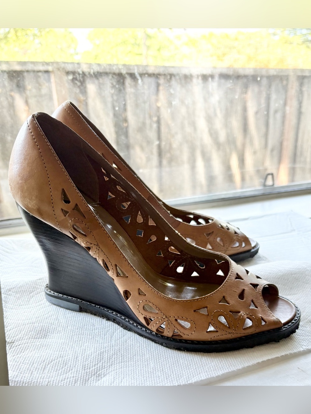 Vintage Report Jocelyn Tan Leather Cutout Peep-Toe Wedges